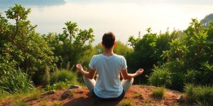 Person meditating in a tranquil natural setting.