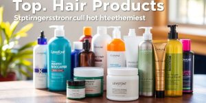 Colorful hair products on a wooden surface in natural light.