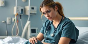 Tired nurse sitting on hospital bed in scrubs.