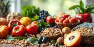 Colorful fruits and vegetables on a wooden table.
