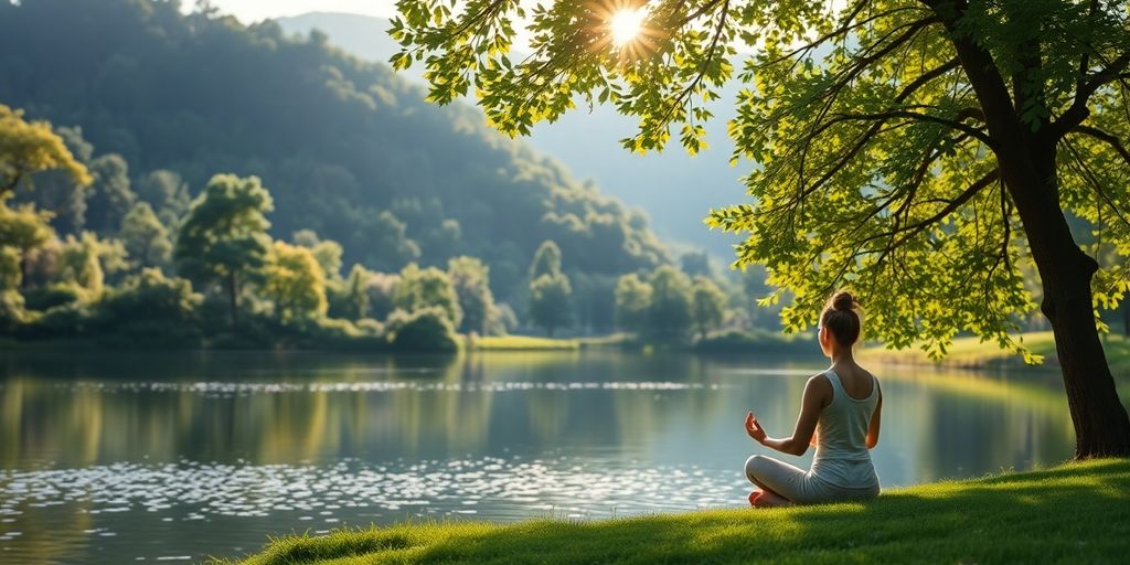 Person meditating in a peaceful natural setting.