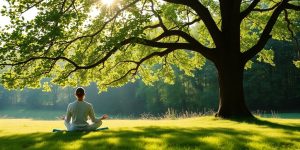 Person meditating peacefully in a tranquil outdoor setting.