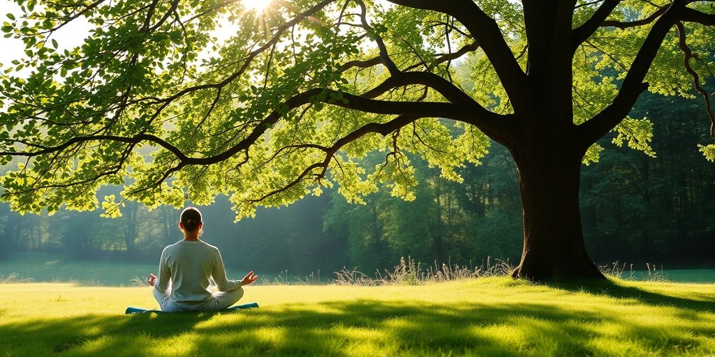 Person meditating peacefully in a tranquil outdoor setting.