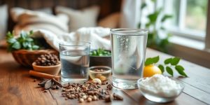 Herbal remedies and water on a wooden table.