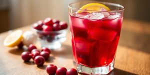 A close-up of a glass of cranberry juice with fresh cranberries and ice cubes on a wooden table, with a small bowl of cranberries and a lemon in the background.