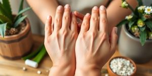 Hands with eczema and natural remedy ingredients displayed.
