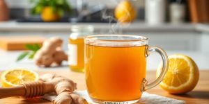 Herbal tea and ingredients for homemade cough remedy.