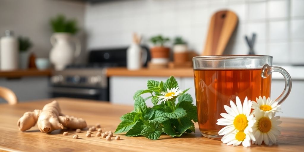 Herbs and tea for home remedies on a wooden table.