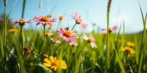 Colorful flowers in a bright, sunny meadow.