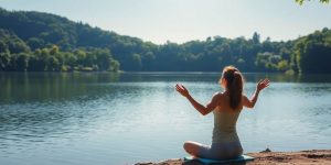 Person practicing yoga by a peaceful lake.