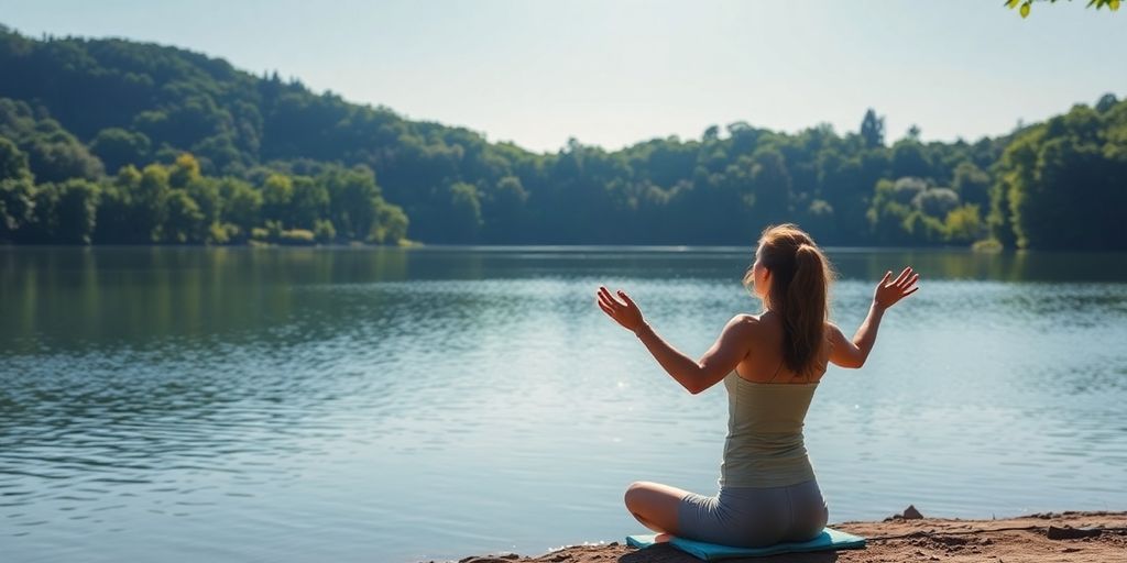 Person practicing yoga by a peaceful lake.