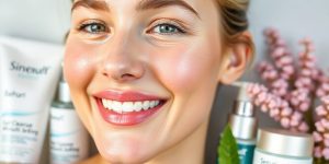 Woman with glowing skin and skincare products for oily skin.
