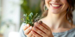 Woman smiling, holding natural herbs