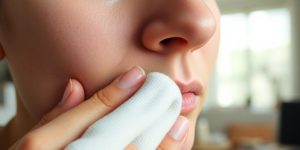 Person applying compress to swollen nose.