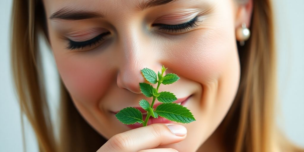 Woman smelling fresh mint