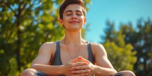 Person meditating, serene, sunlit, outdoors.