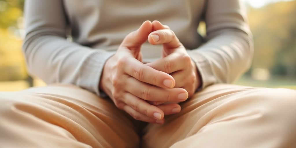 Person meditating peacefully in a calm, natural setting.