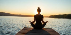 A person meditating by a calm lake at sunrise.