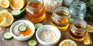 DIY skincare products and fresh ingredients on a wooden table.