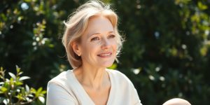 Woman calmly sitting in a sunlit natural setting.