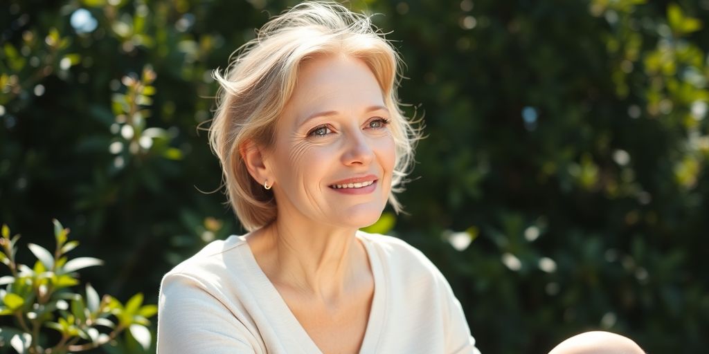 Woman calmly sitting in a sunlit natural setting.