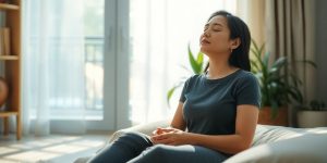 Person meditating calmly in a serene, sunlit room with plants.