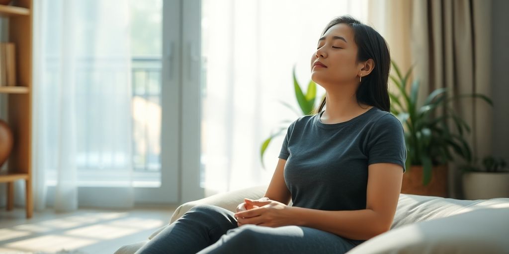 Person meditating calmly in a serene, sunlit room with plants.