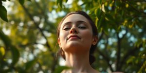Person meditating peacefully amidst nature.