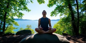 Person meditating peacefully amidst nature's embrace.