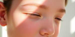 Close-up of clear, glowing skin with gentle light.