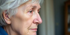 Elderly person looking out window, pensive.