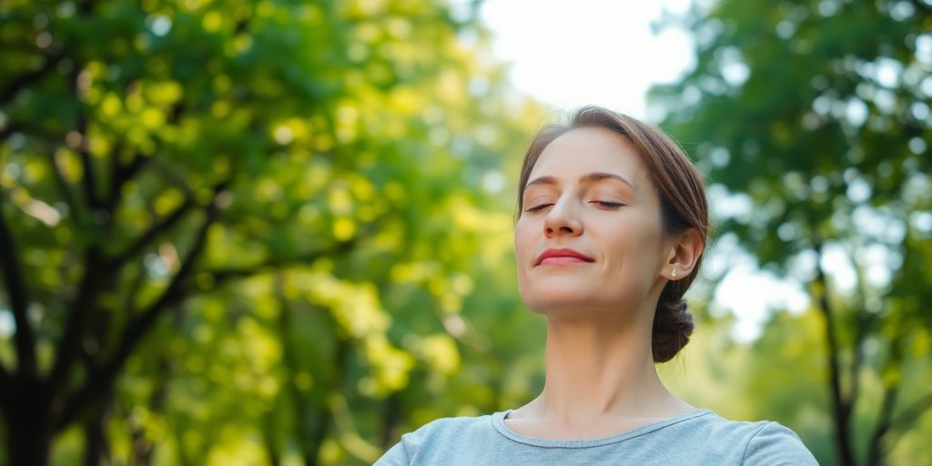 Person meditating peacefully outdoors, surrounded by nature.