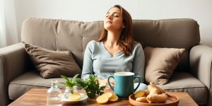 Woman breathing deeply, home remedy items.