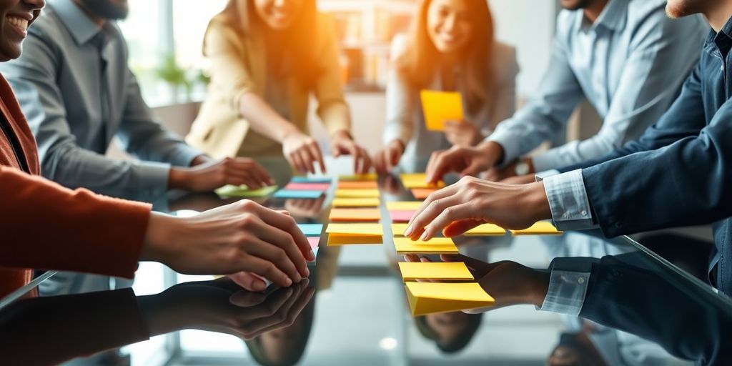 Diverse team collaborating with vibrant sticky notes.
