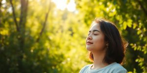 Person meditating peacefully in a serene nature setting.
