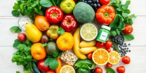 Colorful fruits, vegetables, and supplements arranged attractively.