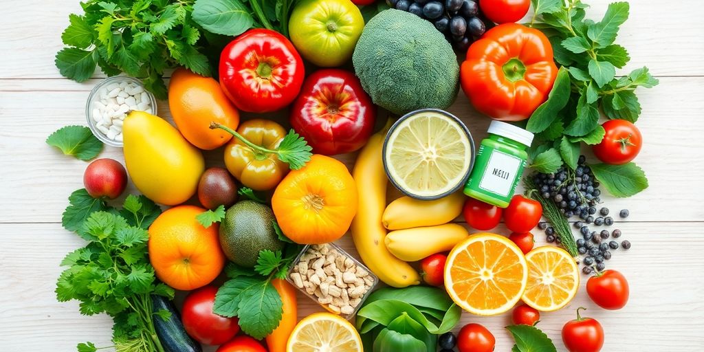Colorful fruits, vegetables, and supplements arranged attractively.