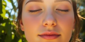 Serene person meditating outdoors, sunlight on face.