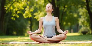 Relaxed person meditating outdoors with nature.