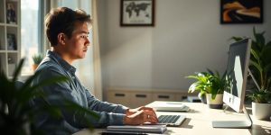 Person calmly working at a desk with sunlight.