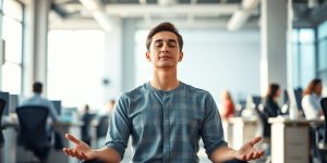 Person meditating calmly in a busy office.