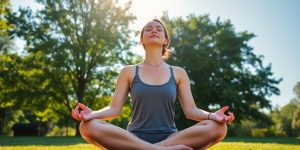 Person meditating peacefully outdoors, sun shining.