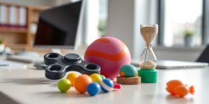 Stress relief toys arranged on a desk