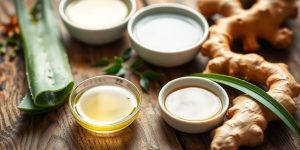 Herbal remedies and healing plants on a wooden table.