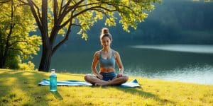 Woman meditating on yoga mat by serene lakeside at sunrise.