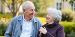 Elderly couple smiling and holding hands outdoors.