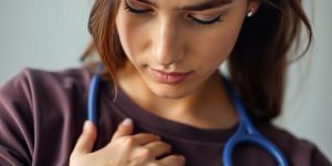 Young woman touching chest, soft lighting.