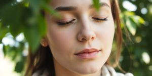 Person relaxing in nature, sunlight, calm.