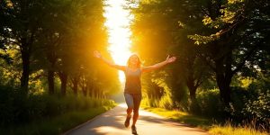 Person running with sunbeams.