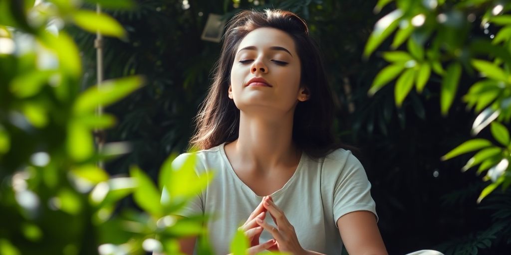 Person peacefully meditating outdoors.